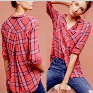 Cloth & Stone Brecken Shirt Women XS Pink‎ Plaid Flannel Button Down Slub Cotton